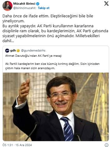 AK Partili Birinci'den Davutoğlu çağrısı: AK Parti'de siyaset yapabilmeli