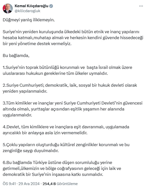 Kılıçdaroğlu'ndan iktidara 6 maddelik Suriye manifestosu