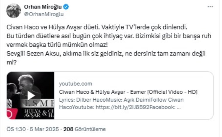 AKP'li Miroğlu, Civan Haco-Hülya Avşar düetini hatırlatıp Sezen Aksu'ya seslendi: 'Tam zamanı değil mi?'