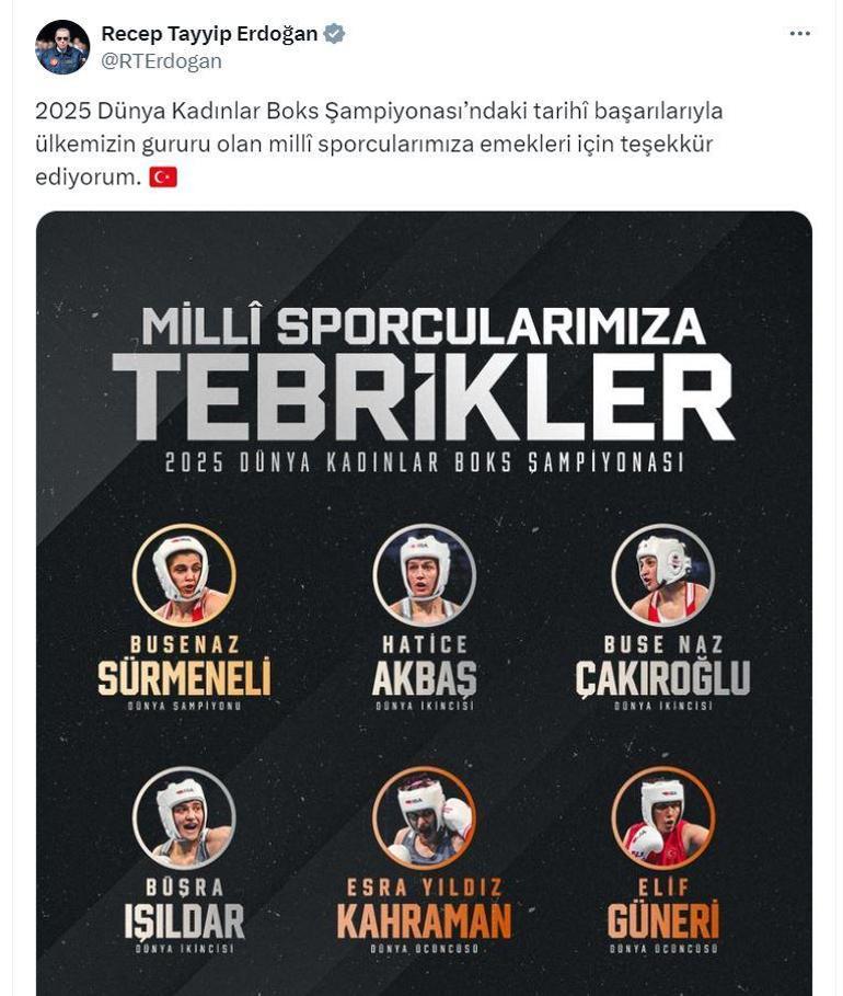 Cumhurbaşkanı Erdoğan'dan kadın milli sporculara tebrik mesajı