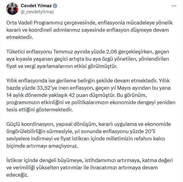 Cevdet Yılmaz: OVP çerçevesinde enflasyon düşmeye devam ediyor