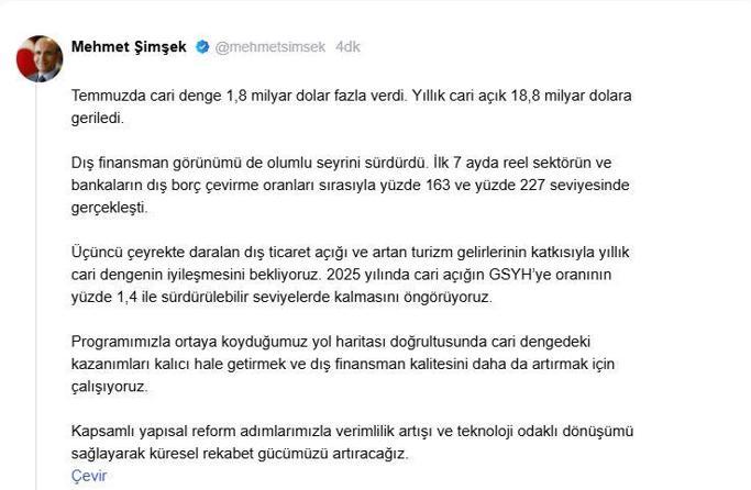 Bakan Şimşek: Cari açığın GSYH'ye oranının sürdürülebilir seviyelerde kalmasını öngörüyoruz