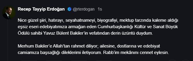 Başkan Erdoğan'dan Yavuz Bülent Bakiler için taziye mesajı