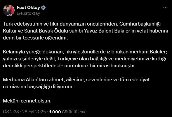 Başkan Erdoğan'dan Yavuz Bülent Bakiler için taziye mesajı