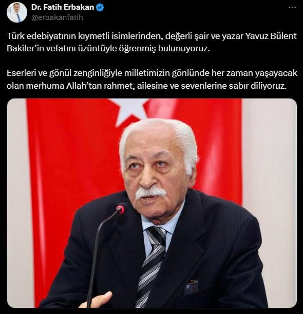 Başkan Erdoğan'dan Yavuz Bülent Bakiler için taziye mesajı