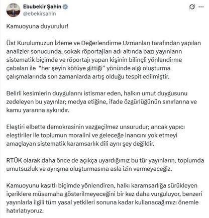 RTÜK Başkanı Şahin'den 'sokak röportajları' açıklaması