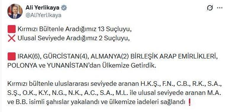 13'ü kırmızı bültenle aranan 15 suçlunun iadesi sağlandı