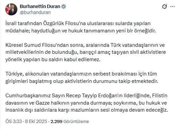 İletişim Başkanı Duran: Özgürlük Filosu'na müdahale, haydutluğun yeni bir örneğidir