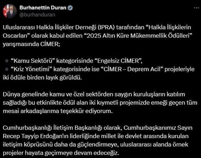 'Halkla İlişkilerin Oscarları'nda, CİMER'e iki ödül birden verildi