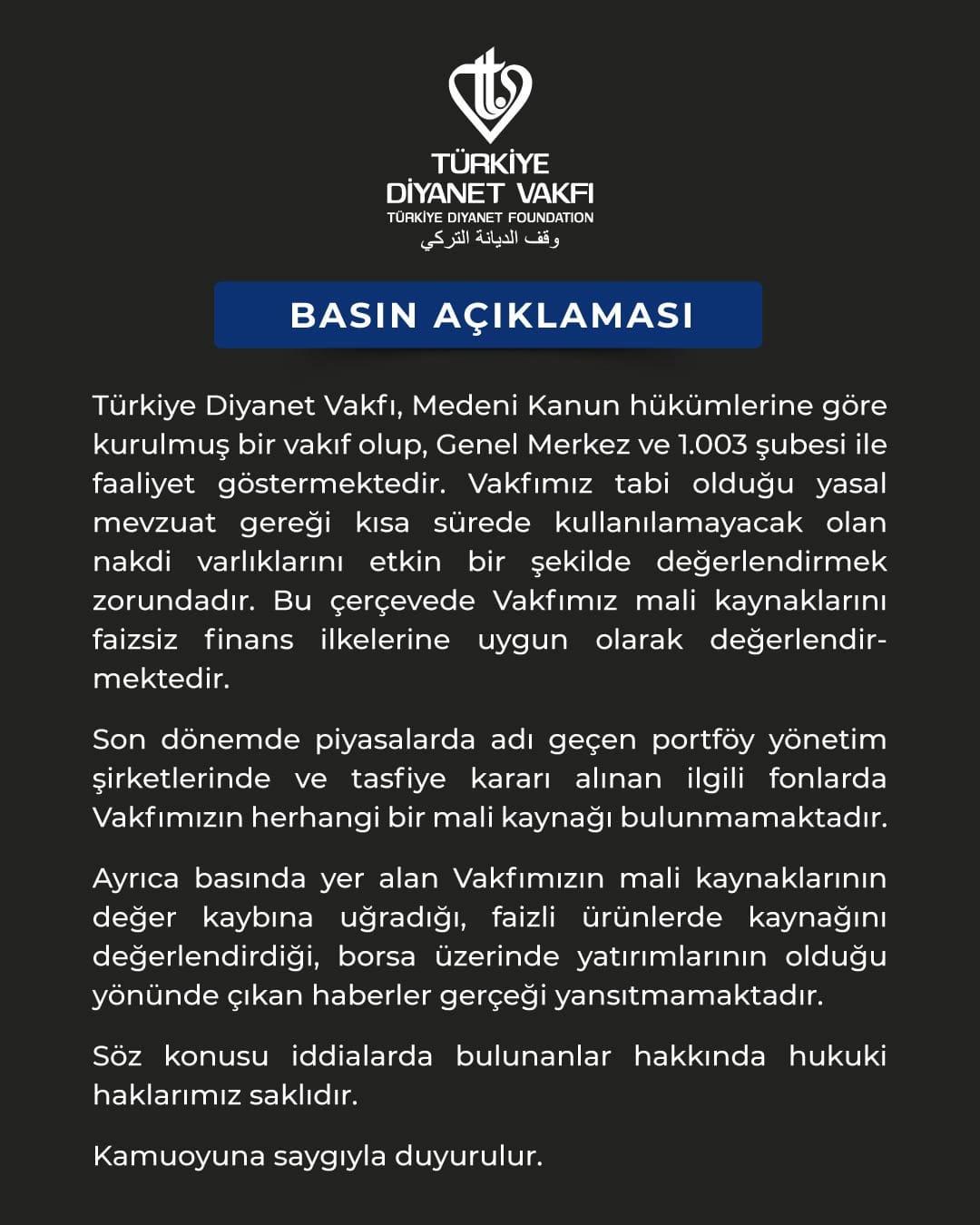 Türkiye Diyanet Vakfı, borsa iddialarını yalanladı
